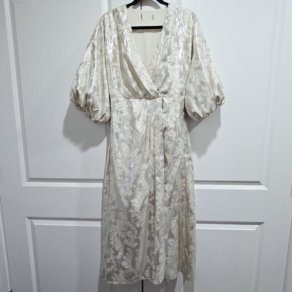 Tanya Taylor - 4 Ivory Mettalic Floral Puff Sleeves Midi Dress - Picture 1 of 8